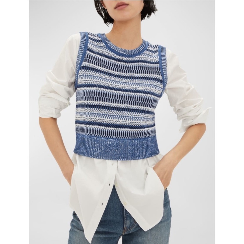 Veronica Beard Esphera Mixed Media Tank S Blue White Excellent Striped Knit Top